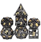 HOLLOW METAL DICE BLACK & GOLD DRAGON 7PC SET
