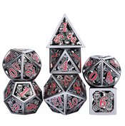 HOLLOW METAL DICE GUNMETAL & RED SKULL 7PC SET