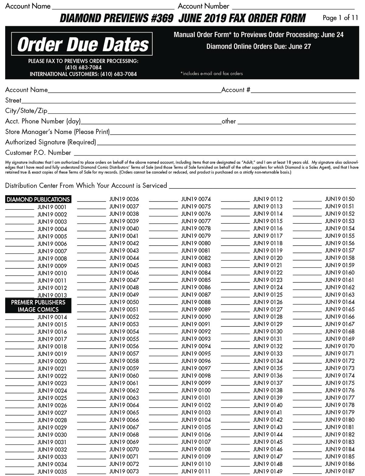 APR190008 - PREVIEWS #369 JUNE 2019 FAX ORDER FORM (LIMIT 1) - Previews