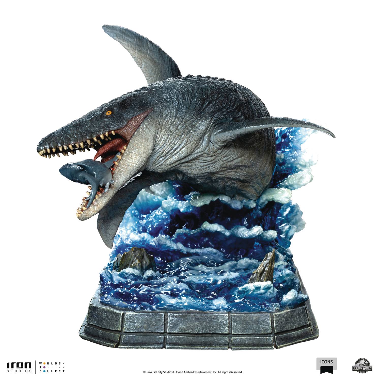 JAN238750 - MOSASAURUS JURASSIC WORLD ICONS IRON STUDIOS - Previews World