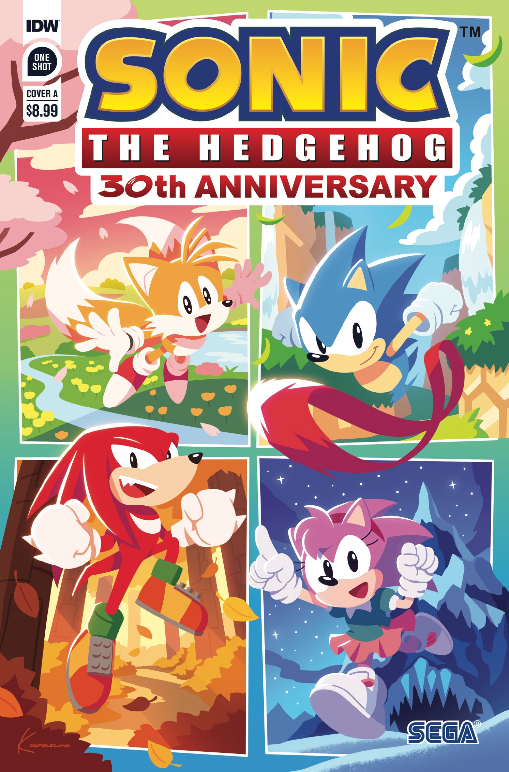 Sonic the Hedgehog 30th Anniversary comic cover A - featuring Sonic running, Tails flying, Knuckles jumping, and Amy running