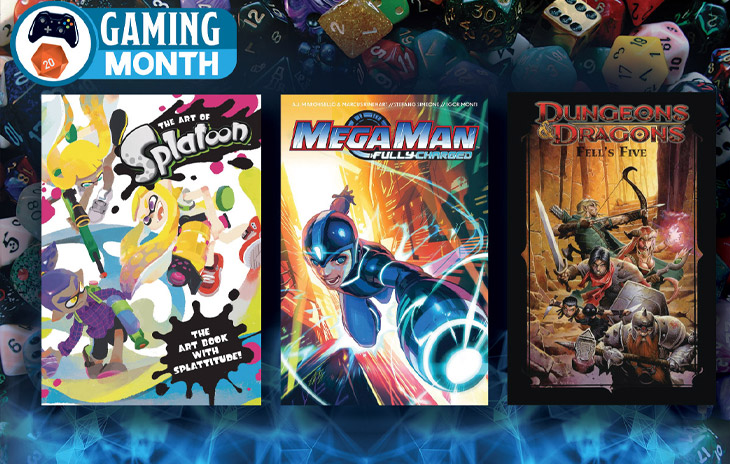 Gaming Month Graphic Callage - Art of Splatoon Cover, Mega Man Fully Charged Cover, and Dungeons and Dragons TP Cover