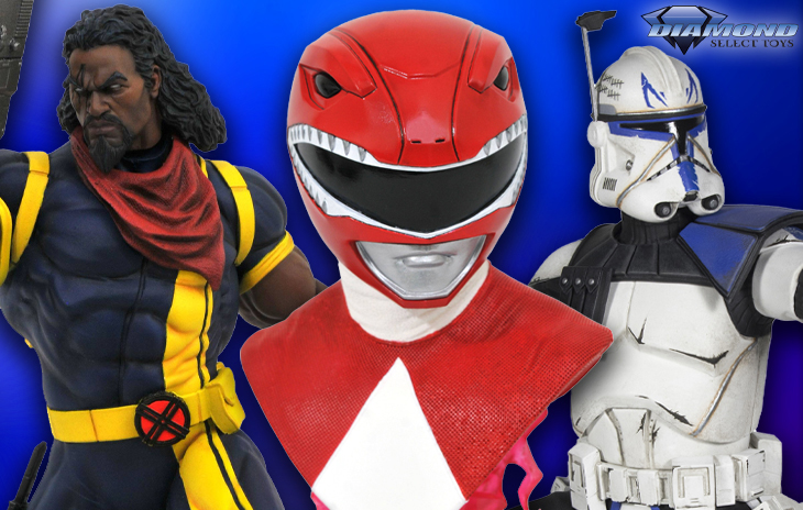 Diamond Select Toys September Round Up Graphic with Bishop Statue, Red Ranger Power Rangers Bust, and Rex Clone Trooper Statue